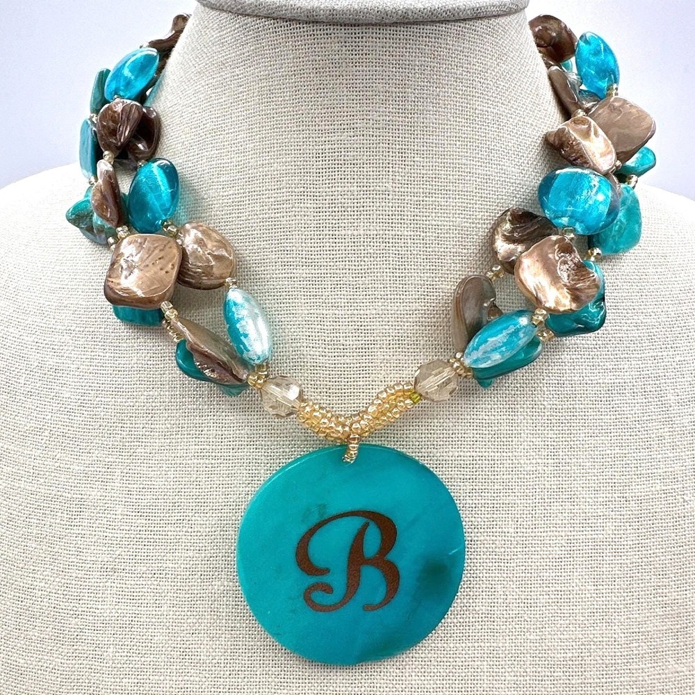 Vintage Turquoise Color Shell Initial B Pendant‎ Necklace Chunky Boho Statement